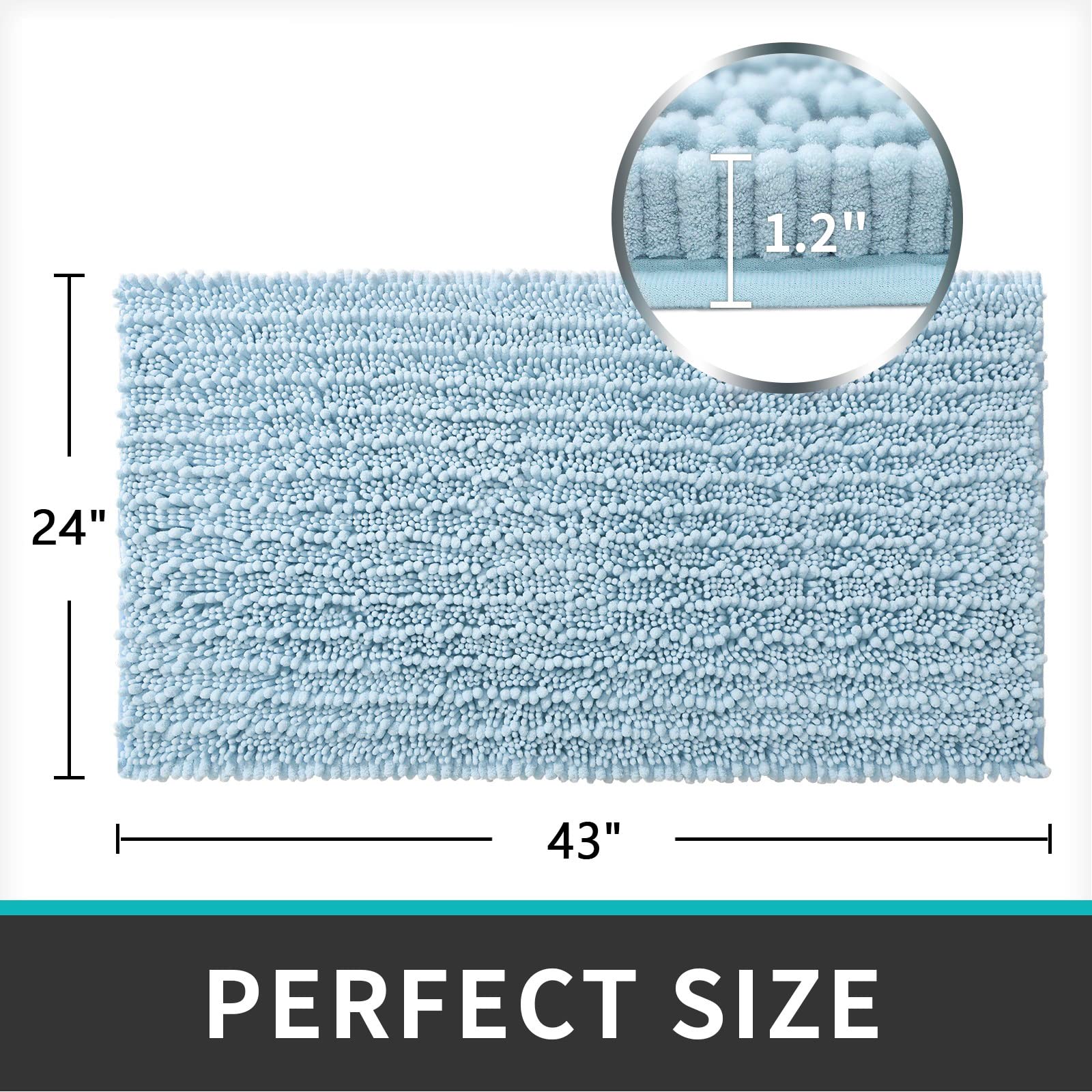 DEXI Bath Mat Bathroom Rug Large Non Slip Absorbent and Soft Floor Mats Washable Chenille Rugs for Bathtub Toilet Shower Room Entryway 24''x43''Light Blue
